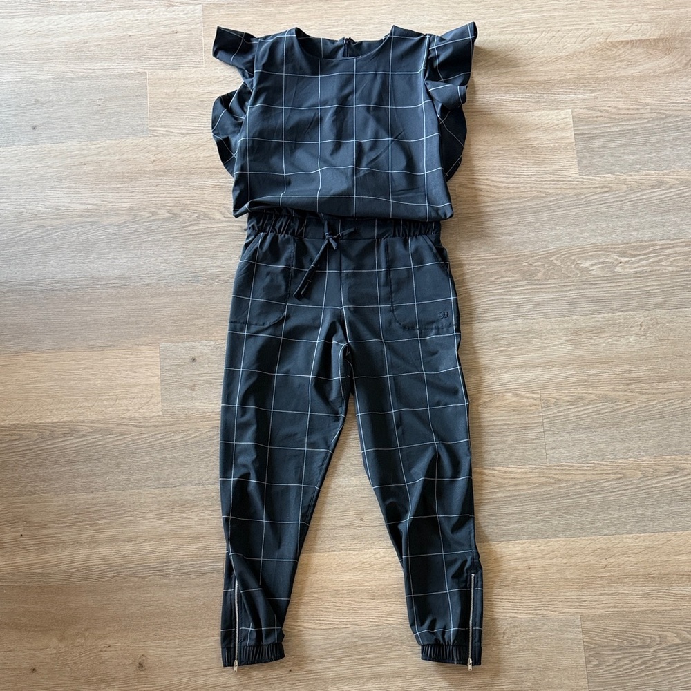 Albion Black Windowpane  Jumpsuit with Ruffle Sleeves - Size S
